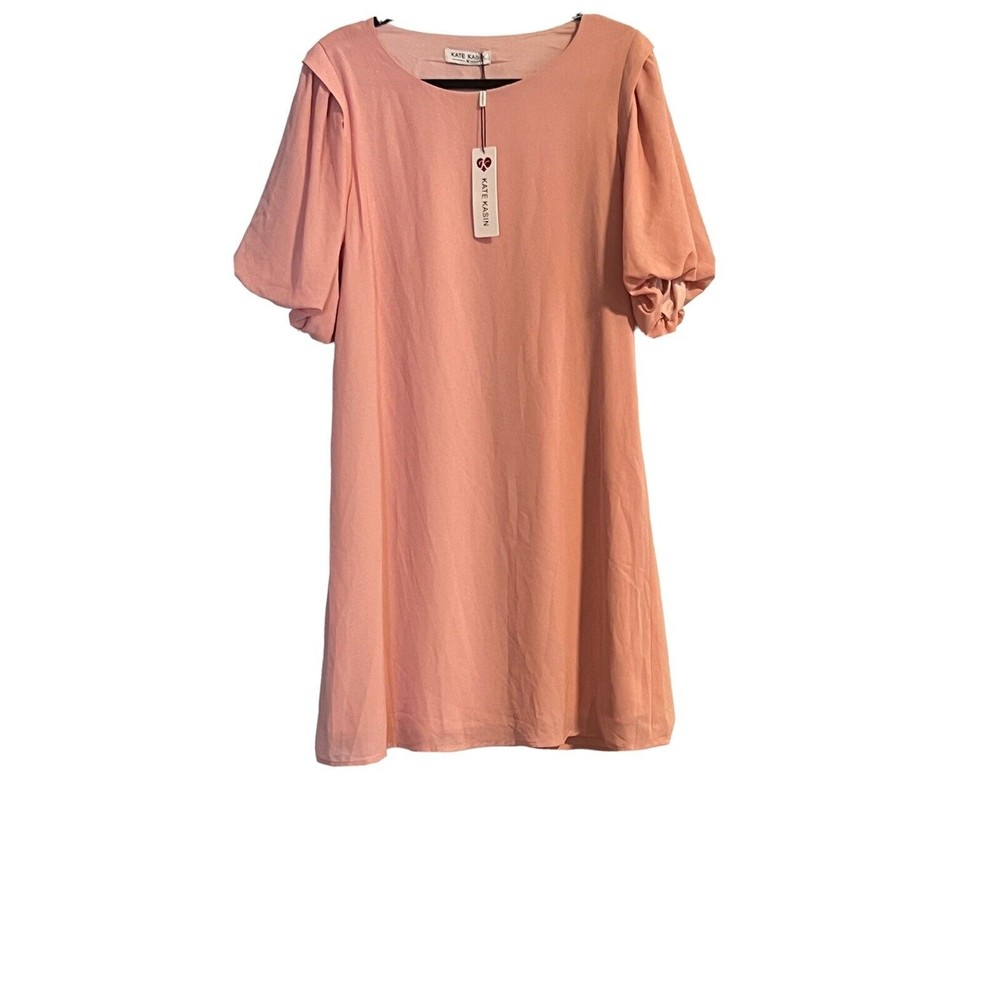 Kate Kasin Women's Short Puff Sleeve Chiffon Tunic Dress Crew With Belt Size M